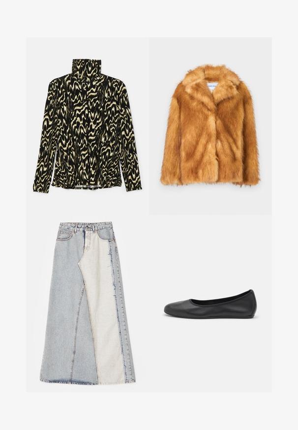 Palton scurt din blană sintetică maro, cu un guler larg, față deschisă și o suprafață moale și texturată, cu o croială normală și fără închideri vizibile.; Top lung cu mânecă lungă, cu un model negru și crem, având un guler înalt, realizat dintr-un material neted și elastic, cu un design abstract, ondulat.; Fustă din denim cu un design patchwork, având secțiuni de albastru deschis și mediu, margini desfăcute și talie înaltă. Stil clasic cu cinci buzunare.; Balerini din piele neagră, cu vârf rotund, textură netedă, detalii de cusătură minimale și un design al tălpii flexibil.