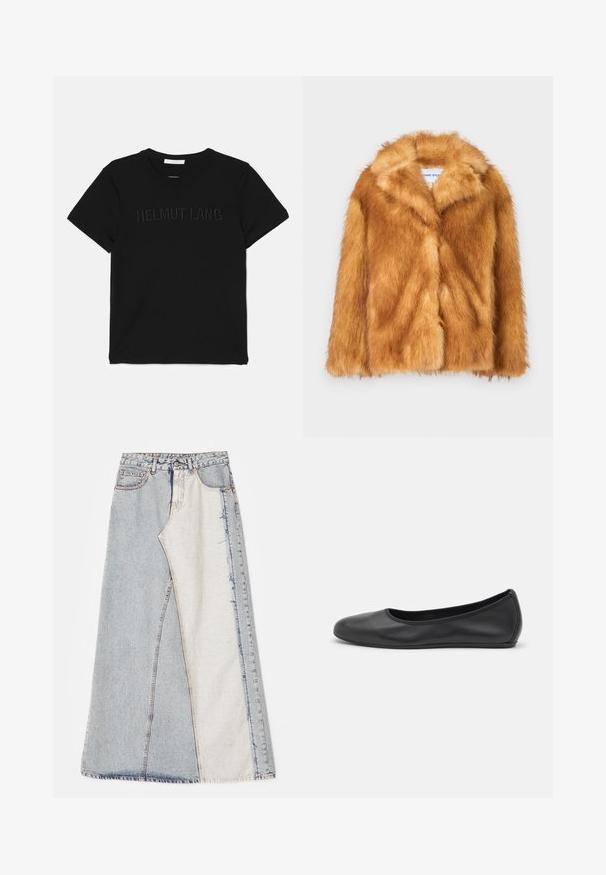 Krátký hnědý kožich z umělé kožešiny s širokým límcem, otevřeným předním dílem a měkkým, texturovaným povrchem s běžným střihem a bez viditelných zapínání.; Černé bavlněné tričko s kulatým výstřihem a krátkými rukávy, na přední straně s embosovaným nápisem "HELMUT LANG" ve stejném designu.; Džínová sukně s patchwork vzorem obsahující světlé a středně modré části, roztrhané okraje a vysoký pas. Klasický pětikapsový styl.; Černé kožené baletní byty s kulatou špičkou, hladkou texturou, minimálními švy a flexibilním designem podrážky.
