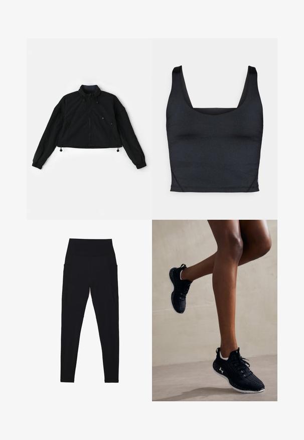 Must värviline lühike jakk kõrgema kraega, esitõmblusega ja elastsete mansettidega. Omab allääres reguleeritavaid paelu ja küljetaskuid, millel on tõmblukud.; Mustast lõigatud tank top, mis on valmistatud sujuvast ja venivast kangast, laiad õlapaelad ning ruudukujuline kaelus minimaalse õmbluseDETAILidega.; Mustad mustad retuusid venivast kangast, millel on kõrge ribaga vöökoht. Omab küljetaskuid ja sujuvat disaini mugavuse tagamiseks.; Mustad mustas treeningjalatsid tekstureeritud pealispinnaga, valgete aktsentidega ning täppidega talla, sisaldavad paelasid ja on pehmendatud disainiga toetuse tagamiseks.