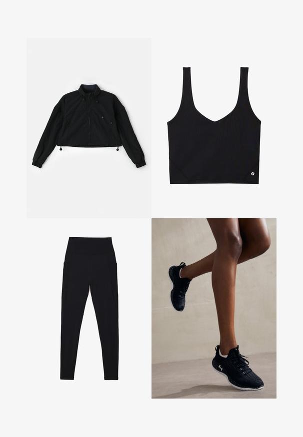 Czarna krótka kurtka z wysokim kołnierzem, zamkiem z przodu i elastycznymi mankietami. Posiada troczki u dołu oraz boczne kieszenie z zamkami błyskawicznymi.; Czarny sportowy biustonosz z szerokimi ramiączkami, dekoltem w kształcie litery V, teksturowanym materiałem i logo na dolnym wykończeniu. Gładkie wykończenie, minimalistyczny styl.; Czarne legginsy wykonane z elastycznej tkaniny z wysokim, prążkowanym pasem. Posiadają boczne kieszenie i bezszwowy design dla większego komfortu.; Czarne buty sportowe z teksturowaną cholewką, białymi akcentami i nakrapianą podeszwą, z sznurowadłami i wyściełanym designem dla wsparcia.