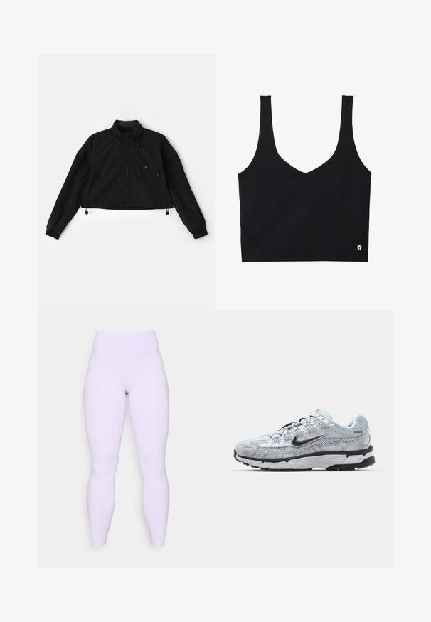 Crna skraćena jakna s visokim ovratnikom, prednjim zatvaračem i elastičnim manžetama. Ima špagu na rubu i bočne džepove sa zip zatvaračima.; Crni sportski grudnjak sa širokim trakama, V-izrez dizajnom, teksturiranom tkaninom i logotipom na rubu. Glatka obrada, minimalistički stil.; Ljubičaste tajice s visokim pojasom, izrađene od rastezljivog, glatkog materijala. Tijesni kroj bez vidljivih uzoraka ili akcenta.; Nike P-6000 tenisice sa svijetlosivom mrežastom gornjištu, crnim akcentima i izdržljivom crnom gumenom potplatu. Sadrže složen dizajn i sustav vezivanja.