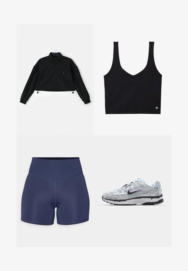 Veste cropped noire avec un col haut, fermeture éclair à l'avant et poignets élastiques. Possède des cordons de serrage à l'ourlet et des poches latérales avec fermetures éclair.; Soutien-gorge de sport noir avec des bretelles larges, un design en V, un tissu texturé et un détail de logo à l'ourlet. Fini lisse, style minimaliste.; Shorts de sport bleu marine en matériau extensible, dotés d'une taille haute, avec des coutures sans couture et un design ajusté.; Baskets Nike P-6000 avec une tige en mesh gris clair, des accents noirs et une semelle en caoutchouc noir durable. Présente un design complexe et un système de laçage.