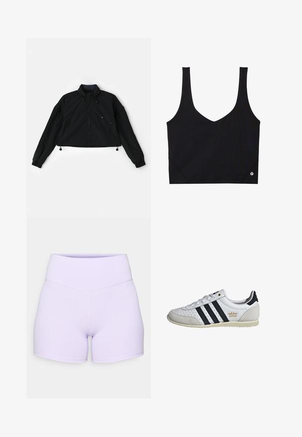 Černá zkrácená bunda s vysokým límcem, zipem vpředu a elastickými manžetami. Zahrnuje šňůrky na spodním lemu a boční kapsy se zipovými uzávěry.; Černá sportovní podprsenka s širokými ramínky, designem do V, strukturovanou tkaninou a detailem loga na lemu. Hladký povrch, minimalistický styl.; Fialové šortky s vysokým pasem vyrobené z elastického materiálu. Mají ploché švy a přiléhavý střih s hladkým povrchem.; Bílé tenisky s černými pruhy a zlatým logem. Mají semišové a kožené materiály, perforovaný svršek a texturovanou gumovou podrážku.