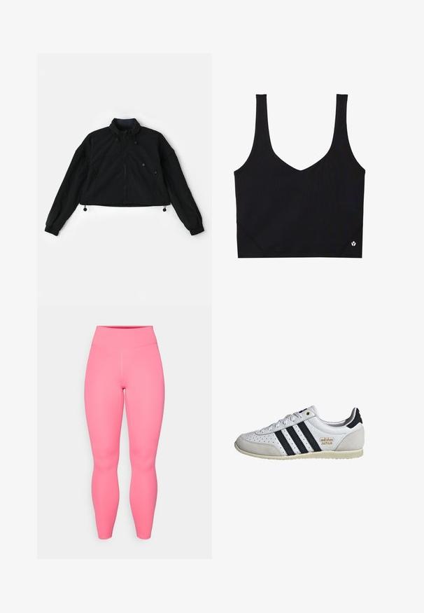 Svart cropped jakke med høy krage, glidelås foran og elastiske mansjetter. Har snorer i nederkanten og sidelommer med glidelåslukking.; Svart sports-bh med brede stropper, V-halsdesignet, teksturert stoff og logodetalj ved kanten. Glatt overflate, minimalistisk stil.; Rosa aktive leggings med høy midje, laget av elastisk materiale. Har en jevn tekstur og ingen synlige mønstre eller accenter.; Hvit sneaker med svarte striper og gullmerke. Har semsket og lærmaterialer, perforert overdel og teksturert gummisåle.