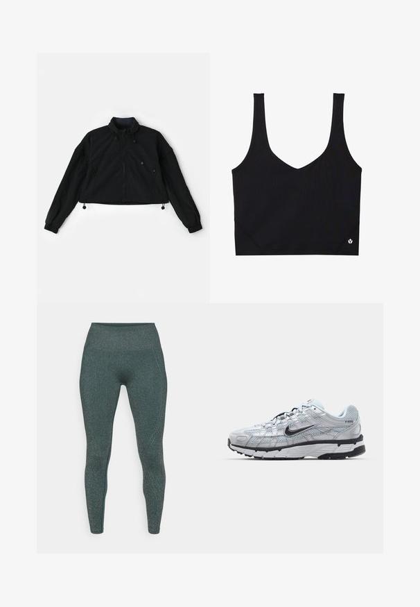 Giacca nera cropped con un colletto alto, chiusura con zip frontale e polsini elastici. Dotata di cordoncini sul fondo e tasche laterali con chiusura a zip.; Top sportivo nero con spalline larghe, design a V, tessuto testurizzato e dettaglio del logo all'orlo. Finitura liscia, stile minimale.; Leggings di un verde scuro con una finitura metallica. Design a vita alta, tessuto liscio e aderenza ai fianchi. Senza cuciture visibili o motivi.; Sneakers Nike P-6000 con una toma superiore in mesh grigio chiaro, accenti neri e una resistente suola in gomma nera. Dotati di un design intricato e di un sistema di allacciatura.