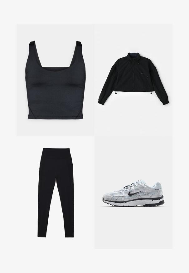 Black cropped jacket with a high collar, zip front, and elastic cuffs. Features drawstrings at the hem and side pockets with zip closures.; Black cropped tank top featuring a smooth, stretchy fabric, wide shoulder straps, and a square neckline with minimal stitching details.; Black leggings made from stretchy fabric with a high, ribbed waistband. Features side pockets and seamless design for comfort.; Nike P-6000 sneakers with a light grey mesh upper, black accents, and a durable black rubber sole. Features intricate design and lacing system.