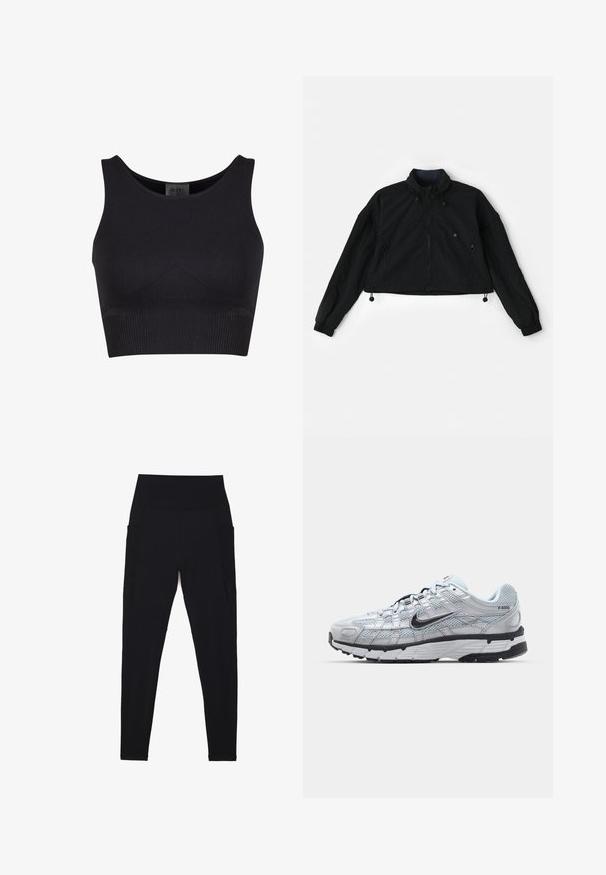 Sort cropped jakke med høj krave, lynlås foran og elastiske manchetter. Har snoretræk i kanten og sidelommer med lynlåslukninger.; Sort ribbet crop top med rund halsudskæring og brede skulderstropper. Har et tætsiddende design og sømløse kanter for komfort.; Sorte leggings med høj, ribstrikket talje, sømløst design, sidelommer og glat tekstur hele vejen igennem.; Nike P-6000 sneakers med en lys grå mesh overdel, sorte accenter og en holdbar sort gummisål. Har et detaljeret design og snøresystem.