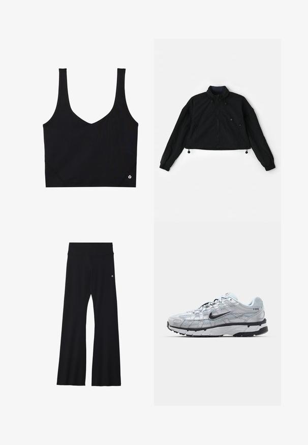 Giacca nera cropped con un colletto alto, chiusura con zip frontale e polsini elastici. Dotata di cordoncini sul fondo e tasche laterali con chiusura a zip.; Top sportivo nero con spalline larghe, design a V, tessuto testurizzato e dettaglio del logo all'orlo. Finitura liscia, stile minimale.; Pantaloni yoga neri a campana in tessuto elasticizzato, con una cintura ampia e un piccolo logo vicino all'anca. Texture liscia, senza motivi.; Sneakers Nike P-6000 con una toma superiore in mesh grigio chiaro, accenti neri e una resistente suola in gomma nera. Dotati di un design intricato e di un sistema di allacciatura.