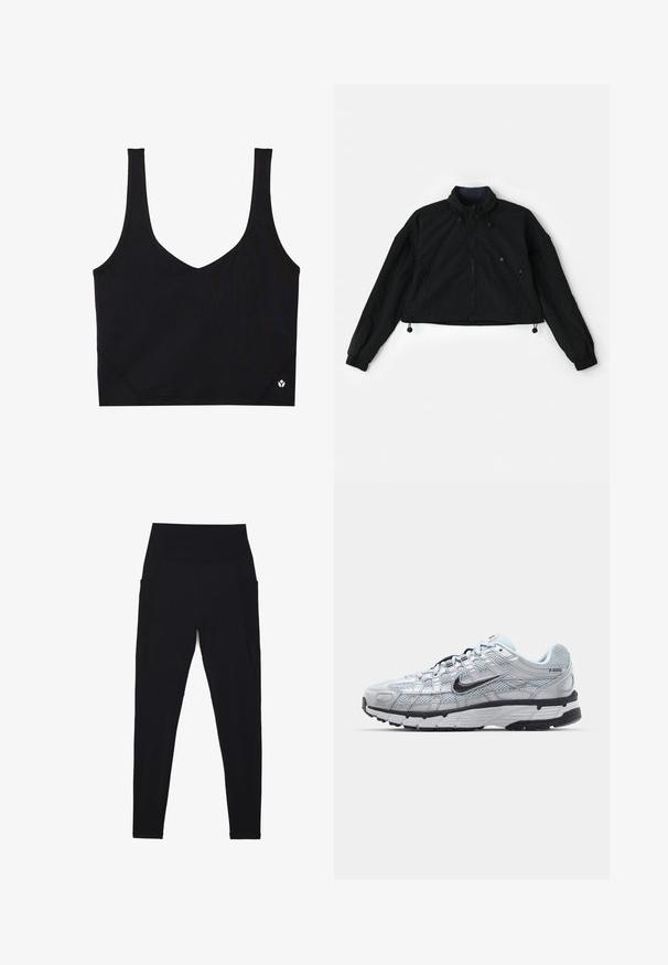 Must värviline lühike jakk kõrgema kraega, esitõmblusega ja elastsete mansettidega. Omab allääres reguleeritavaid paelu ja küljetaskuid, millel on tõmblukud.; Mustmust mustriba laia, V-kaeluse disainiga, tekstureeritud kanga ja logo detailiga hemil. Sile viimistlus, minimalistlik stiil.; Mustad mustad retuusid venivast kangast, millel on kõrge ribaga vöökoht. Omab küljetaskuid ja sujuvat disaini mugavuse tagamiseks.; Nike P-6000 tenniset heleda halli võrgust pealteega, mustade aktsentidega ja vastupidava musta kummist tallaga. Omab keerukat disaini ja paeltesüsteemi.