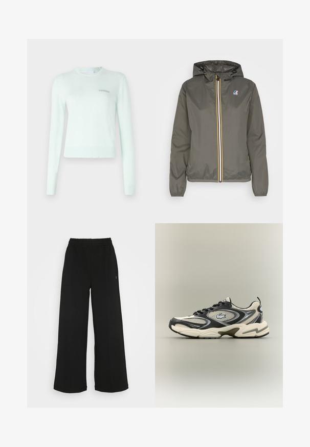 Khakifarbene leichte Jacke mit Kapuze, mit einem Reißverschluss vorne, der mit weißen, blauen und gelben Streifen verziert ist, sowie einem Logo-Aufnäher auf der Brust.; Mintgrüner Pullover aus weichem Stoff, mit langen Ärmeln, einem gerippten Halsausschnitt und Bündchen sowie einem kleinen gestickten Logo auf der Brust.; Schwarze weit geschnittene Hose mit einem elastischen Bund. Hergestellt aus einem weichen, leichten Material. Mit vertikalen Nähten an der Vorderseite.; Schwarze und beige Mesh-Sneaker mit gepolstertem Kragen, strukturiertem Obermaterial und auffälligem Logo an der Seite. Elegantes Design mit geschwungenem Sohlenverlauf.