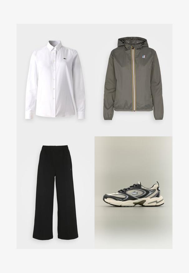 Khaki lightweight jacket with a hood, featuring a zip front with white, blue, and yellow stripes, and a logo patch on the chest.; White button-up shirt made of cotton, featuring a classic collar, long sleeves, and a small green logo on the left chest.; Black wide-leg pants with an elastic waistband. Made from a soft, lightweight material. Features vertical seams along the front.; Black and beige mesh sneakers feature a padded collar, textured upper, and prominent logo on the side. Sleek design with curved sole.