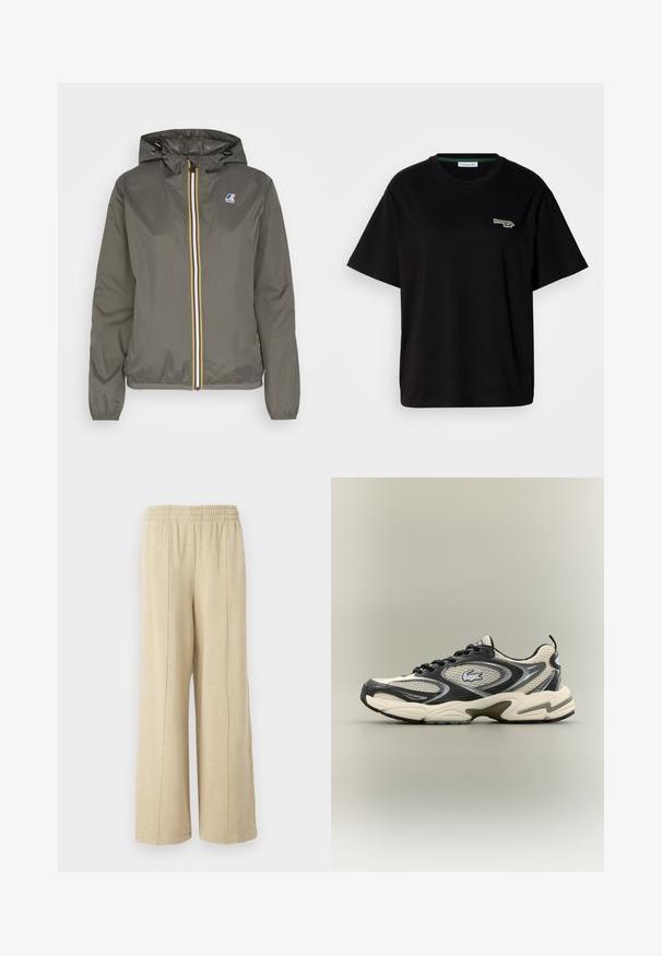 Vaaleanruskea kevyt takki huppulla, jossa on vetoketjukiinnitys sekä valkoisia, sinisiä ja keltaisia raitoja. Rinnassa on logopatch.; Musta puuvillapaita lyhyillä hihoilla, jossa on pieni vihreä logo vasemmassa rinnassa. Klassinen pyöreä kaula-aukko, rento malli.; Harmaat leveät housut, joissa on joustava vyötärö ja näkyvät saumat. Valmistettu pehmeästä kankaasta, jossa on sileä pinta.; Mustat ja beige verkkokengät, joissa on pehmustettu kaulus, tekstuuripinta ja silmiinpistävä logo sivulla. Tyylikäs muotoilu kaarevalla pohjalla.