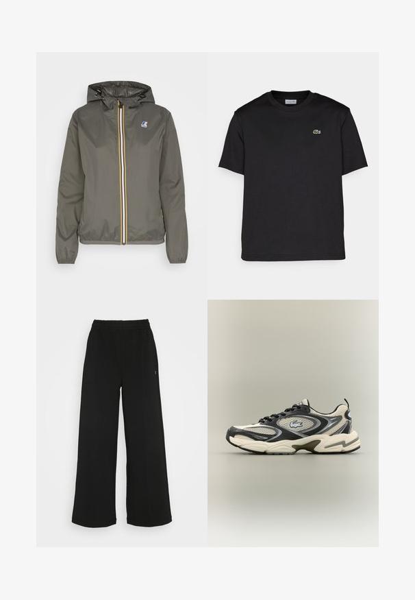 Kerge khaki värvi jope kapuutsiga, millel on valge, sinine ja kollane triip ning lukuga esiosa, samuti rinna peal logoga puhv.; Mustmust värvi puuvillane T-särk ümarate kaelustega, lühikeste varrukatega ja väikese rohelise tikandiga logoga vasakul rinnal. Lihtne disain.; Mustad laiad püksid elastse vöökohtaga. Valmistatud pehmest ja kergest materjalist. Ees on vertikaalsed õmblused.; Musthave ja beezid võrkmaterjalist tossud, millel on polsterdatud krae, tekstuuriga pealmine osa ja silmapaistev logo külgedel. Sujuv disain kumerate tallaga.