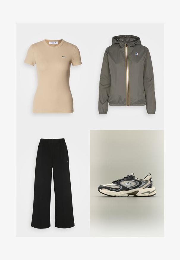 Kerge khaki värvi jope kapuutsiga, millel on valge, sinine ja kollane triip ning lukuga esiosa, samuti rinna peal logoga puhv.; Beež ribaga puuvillane T-särk lühikeste varrukatega, ümmarguse kaelusega, figuuri kehastav ja väikese rohelise Lacoste logo ning vasakul rinnal.; Mustad laiad püksid elastse vöökohtaga. Valmistatud pehmest ja kergest materjalist. Ees on vertikaalsed õmblused.; Musthave ja beezid võrkmaterjalist tossud, millel on polsterdatud krae, tekstuuriga pealmine osa ja silmapaistev logo külgedel. Sujuv disain kumerate tallaga.