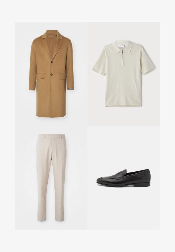 Dolga plašč iz kamelje volne s klasičnim ovratnikom, dvema sprednjima žepoma in enim črnim gumbom za zapiranje. Ima stransko oznako.; Polo majica s kratkimi rokavi v svetlo bež barvi z zadrgo pri ovratniku. Narejena iz gladkega materiala, ima preprost, sodoben dizajn brez vzorcev.; Beženi tkanini hlače s ravnim krojem, z ravnim sprednjim delom, zankami za pas in brez vidnih vzorcev ali kovinskih detajlov.; Moški črni usnjeni loafer s nizkim peto in klasičnim penny trakom, prikazan v bočnem profilu na belem ozadju.