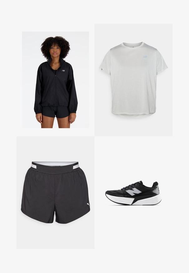 Svart lättviktsjacka med dragkedja fram, hög krage, elastiska ärmslut och samlad nederkant. Har en liten reflekterande logotyp på bröstet.; Ljust grå, kortärmad träningströja i entexturerad meshfabrik med en subtil blå logotyp fram. Rundad nederkant.; Svarta träningsshorts i ett mjukt, lätt material. Har en elastisk midja och en vit accentrand upptill. Litet logotyp på sidan.; Svartvit New Balance löparsko med tjock sula, meshtopp och "N"-logotyp på sidan, sedd från utsidan.