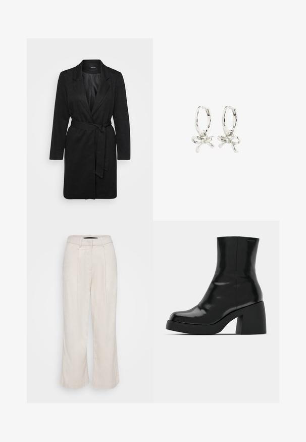 Crni kaput s strukturiranim dizajnom, rebrastim reverima, dugim rukavima, pojasom na struku i teksturiranom završnom obradom.; Dva prilagođena T-majice u bijeloj i svijetlosivoj boji. Obje imaju kratke rukave, okrugli izrez i rebrastu teksturu. Napravljen od mekog materijala.; Bež lanene hlače s visokim strukom, naglašenim naborima sprijeda i širokim nogavicama. Imaju uredan dizajn i teksturirani materijal za prozračnost.; Crne gležnjače s sjajnom površinom, četvrtastim vrhom i debelim blok petama. Dizajn ima besprijekornu siluetu i minimalno brendiranje.; Srebrne okrugle naušnice s dizajnom mašne, s glatkom završnom obradom i poliranim teksturama. Kompaktni, minimalistički stil prikladan za različite prilike.