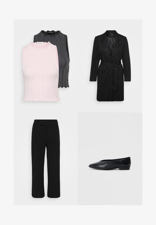 Čierny kabát s módnym dizajnom, klopovými límcom, dlhými rukávmi, s opaskom v páse a textúrovaným povrchom.; Dve tielka bez rukávov, jedno ružové a jedno tmavošedé, sú s rebrovým vzorom a volánovými výstrihmi; obidve sú navrhnuté na priliehavý strih.; Čierne nohavice s voľným strihom vyrobené z hladkej tkaniny, s plochým predným dielom, pútkami na opasok a bez viditeľných vreciek. Čistý, prispôsobený dizajn.; Čierne kožené ploché topánky s ostrou špičkou, mierne vyvýšeným podpätkom a hladkým povrchom. Jednoduchý dizajn bez viditeľného hardvéru alebo vzorov.