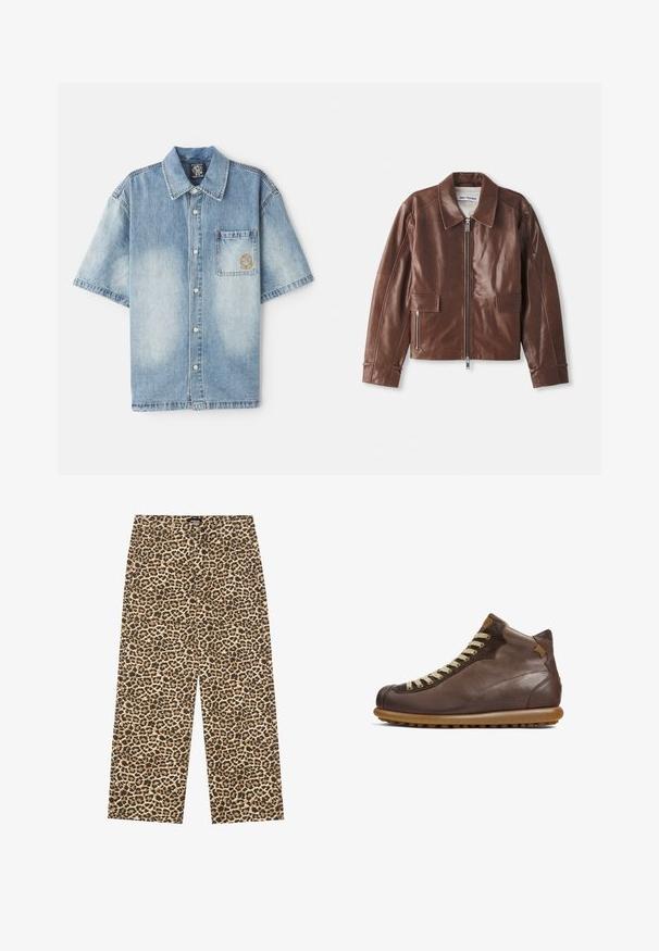 Brūns ādas jaka ar plašu apkakli, ar rāvējslēdzēja priekšpusi, divām priekšējām kabatām un garām piedurknēm ar šuvju apdari.; Gaiši zilas denima īsām piedurknēm krekls ar apkakles apkakli, priekšējo kabatu un vieglām nolietojuma pēdām, ar metāla pogām un izšuvumu.; YOURTURN UNISEX - Brīva piegriezuma džinsi - beige/black; Camper PELOTAS ARIEL - Šņorējami puszābaki - dunkelbraun