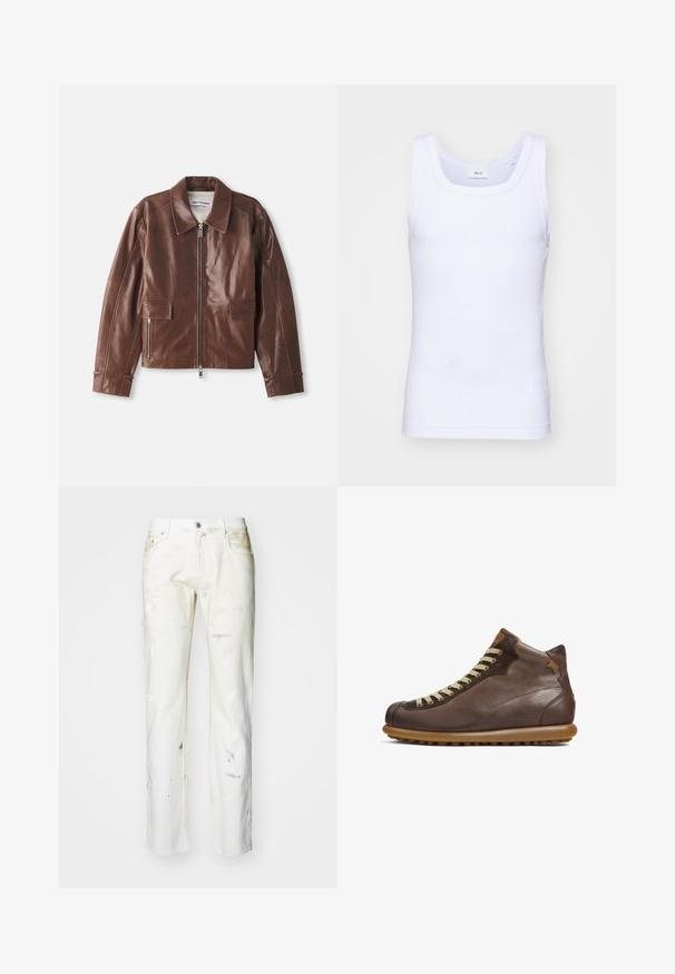 Hnědá kožená bunda s širokým límcem, zipovým uzavřením vpředu, dvěma předními kapsami a dlouhými rukávy se švy.; Bílé bavlněné tílko bez rukávů s kulatým výstřihem, s hladkou texturou a přiléhavým střihem, navržené pro volnočasové nošení.; Bílé džíny s rovný střih. Mají viditelné skvrny od barvy, zapínání na zip a pět kapes. Měkká textura s mírně opotřebovaným vzhledem.; Camper PELOTAS ARIEL - Šněrovací kotníkové boty - dunkelbraun