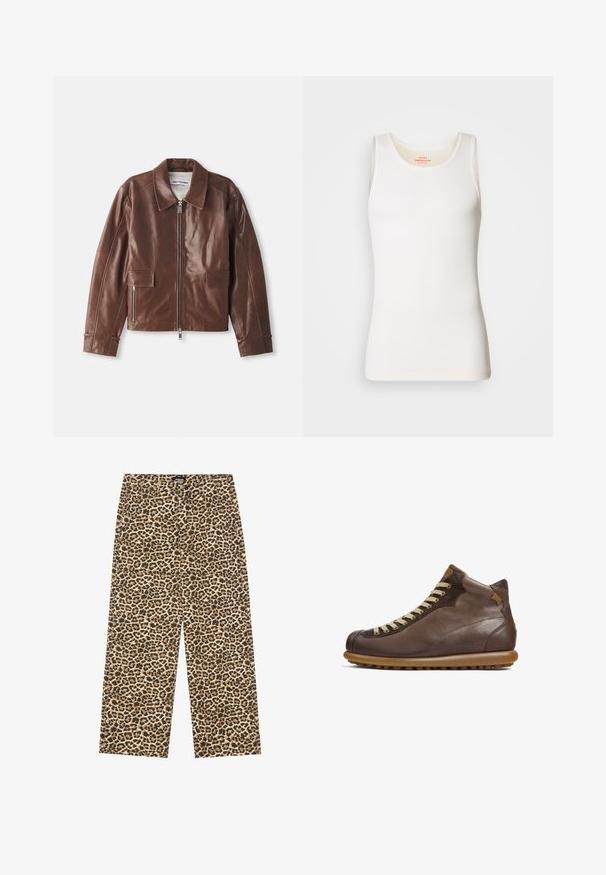 Ruda odinė striukė su plačiu apykakle, užtrauktuku priekyje, dviem priekinėmis kišenėmis ir ilgomis rankovėmis su siuvinėjimu.; Balta ribota marškinėliai be rankovių su apvaliu kaklu ir plačiomis petnešomis. Sklandi tekstūra ir prigludęs dizainas.; YOURTURN UNISEX - Laisvo kirpimo džinsai - beige/black; Camper PELOTAS ARIEL - Suvarstomi aulinukai - dunkelbraun