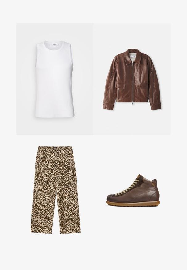 Brown leather jacket featuring a broad collar, zippered front closure, two front pockets, and long sleeves with seam detailing.; White sleeveless top made of smooth fabric, featuring a round neckline and a fitted silhouette, suitable for layering or standalone wear.; YOURTURN UNISEX - Relaxed fit jeans - beige/black; Camper PELOTAS ARIEL - Lace-up ankle boots - dunkelbraun