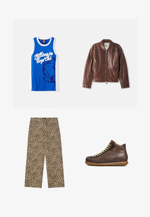 Veste en cuir marron avec un large col, fermeture éclair à l'avant, deux poches à l'avant et des manches longues avec des détails de couture.; Débardeur en mesh bleu avec un logo « Billionaire Boys Club » blanc et un graphique d'astronaute. Bord blanc le long des bras et du cou.; YOURTURN UNISEX - Jean boyfriend - beige/black; Camper PELOTAS ARIEL - Bottines à lacets - dunkelbraun