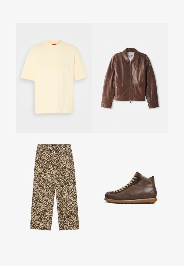 Brun läderjacka med bred krage, blixtlåsförslutning framtill, två framfickor och långa ärmar med sömdetaljer.; Ljusgul bomull T-shirt med rundad halsringning och korta ärmar; har en subtilt tryckt "HUGO" logotyp över bröstet.; YOURTURN UNISEX - Jeans relaxed fit - beige/black; Camper PELOTAS ARIEL - Snörstövletter - dunkelbraun