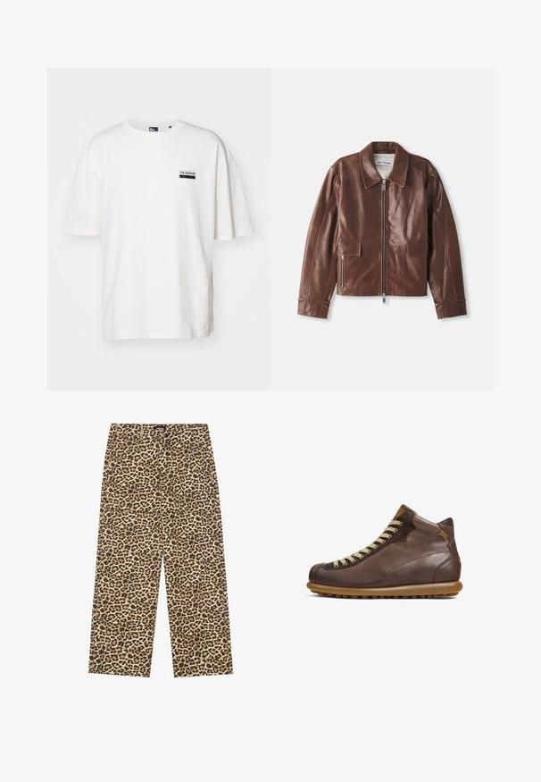 Brown leather jacket featuring a broad collar, zippered front closure, two front pockets, and long sleeves with seam detailing.; White cotton t-shirt with a relaxed fit, round neckline, and short sleeves. Features a small black label on the left chest.; YOURTURN UNISEX - Relaxed fit jeans - beige/black; Camper PELOTAS ARIEL - Lace-up ankle boots - dunkelbraun