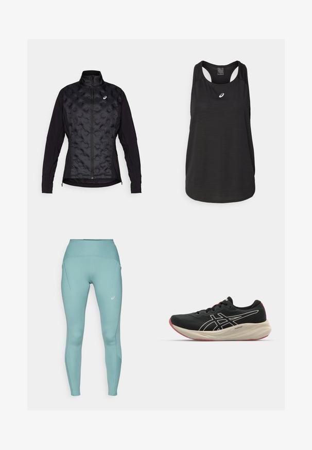 Melna jaka ar pūkainu, teksturētu priekšpusi un gludām piedurknēm. Iezīmē augsts apkakle un rāvējslēdzējs, paredzēta siltumam un elastībai.; Melns sporta bezdelīgs topiņš, izgatavots no viegla auduma. Iespējas ietver apaļu apkakli, sacīkšu muguras dizainu un mazu baltu logotipu priekšā.; ASICS ROAD WINTER HIGH WAIST - Legingi - celadon; Melnas sporta kurpes ar sietu augšpusi un baltām akcentu detaļām. Iekļauj mīkstinātu zoli un sarkanu zoles izcēlumu. Viegls dizains.