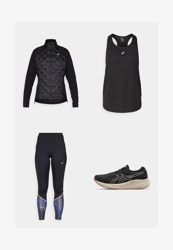 Giacca nera con un frontale imbottito e testurizzato e maniche lisce. Presenta un colletto alto e una chiusura con zip, progettata per calore e flessibilità.; Canotta atletica nera realizzata in tessuto leggero. Presenta un colletto rotondo, un design con schiena a racer e un piccolo logo bianco sulla parte anteriore.; Leggings neri a vita alta con un design aderente, dotati di un elegante motivo colorato nella parte bassa delle gambe e rifiniture bianche lungo le cuciture.; Scarpa da corsa nera con tomaia in rete e dettagli bianchi. Presenta un intersuola ammortizzata e un particolare suola rossa. Design leggero.