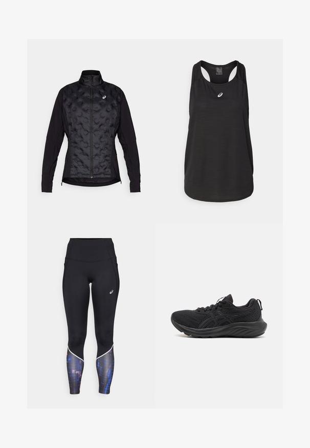Musta takki, jossa on pörröinen, teksturoitu etuosa ja sileät hihat. Varustettu korkealla kauluksella ja vetoketjulla, suunniteltu lämpöä ja joustavuutta varten.; Mustat urheilulliset hihaton paita, joka on valmistettu kevyestä kankaasta. Siinä on pyöreä kaula-aukko, urheilullinen selkämuotoilu ja pieni valkoinen logo edessä.; Mustat korkeavyötäröiset legginsit, joissa on tiukka muotoilu, ja joissa on värikäs kuviointi alaosassa sekä valkoiset reunat saumoissa.; Mustat urheilukengät, joissa on hengittävä verkkopinta, muotoiltu pohja, pyöreä kärki ja teksturoitu pinta. Varustettu mustilla nauhoilla ja logotiedoilla.