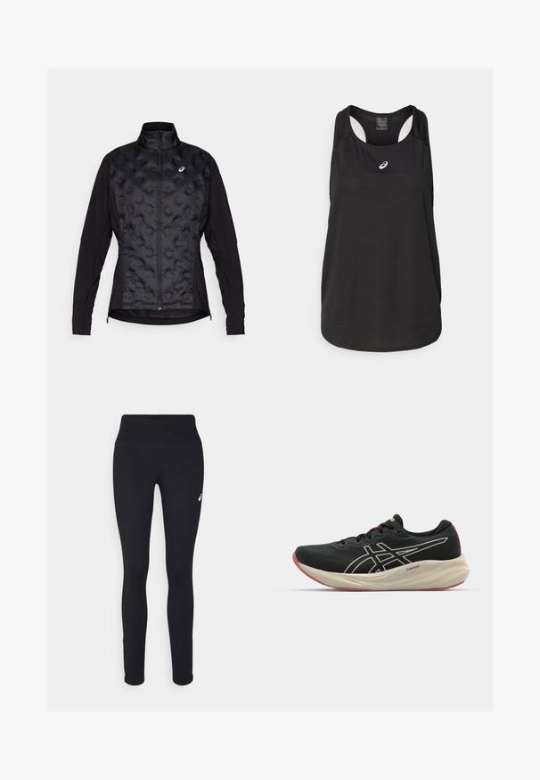 Černá bunda s nadýchaným, texturovaným předním dílem a hladkými rukávy. Má vysoký límec a zapínání na zip, navržena tak, aby poskytovala teplo a flexibilitu.; Černý sportovní top bez rukávů vyrobený z lehkého materiálu. Má kulatý výstřih, design s průramky a malé bílé logo na přední straně.; Černé legíny s vysokým pasem, vyrobené z elastického materiálu, s malým bílým logem na dolní levé straně.; Černá běžecká obuv s síťovinovým svrškem a bílými akcenty. Obsahuje polstrovanou mezipodešev a červené detaily na podrážce. Lehké provedení.