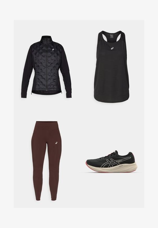 Juodas švarkas su pūkuota, tekstūruota priekiu ir lygiomis rankovėmis. Sukurtas su aukštu apykakle ir užtrauktuku, skirtas šilumai ir lankstumui.; Juodas sportinis marškinėlis be rankovių, pagamintas iš lengvos medžiagos. Turi apvalų iškirpimą, lenktą nugarą ir mažą baltą logotipą priekyje.; Rudos legginai, pagaminti iš tamprios medžiagos, su aukštu liemeniu, šonuose turi kišenes ir subtilų logotipą kairėje šlaunyje.; Juodas bėgimo batelis su tinklinio audinio viršutine dalimi ir baltais akcentais. Yra paminkštintas tarpiklis ir raudona pado detalė. Lengvas dizainas.