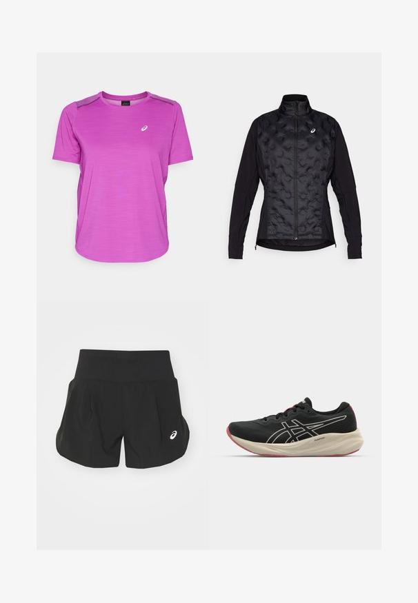 Czarna kurtka z puchowym, teksturowanym przodem i gładkimi rękawami. Posiada wysoki kołnierz i zamek błyskawiczny, zaprojektowana z myślą o ciepłe i elastyczności.; ASICS ROAD różowy; Czarne szorty sportowe z szerokim pasem, regularnym krojem i małym białym akcentem z logo w dolnym lewym rogu. Miękki, lekki materiał.; Czarne buty do biegania z siateczkową cholewką i białymi akcentami. Posiadają amortyzowaną podeszwę środkową oraz czerwony detal na podeszwie. Lekka konstrukcja.