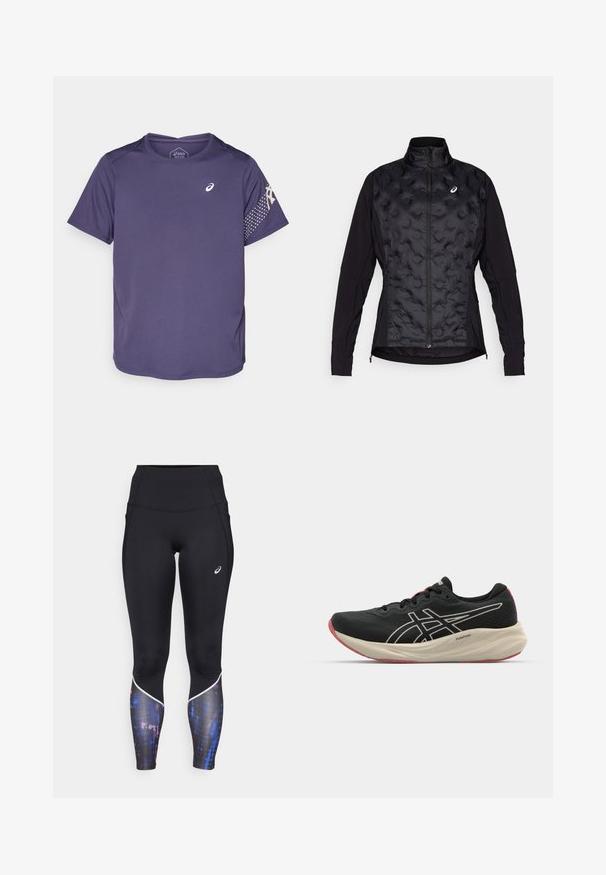 Chaqueta negra con un frente acolchado y texturizado y mangas lisas. Presenta un cuello alto y cierre con cremallera, diseñada para brindar calidez y flexibilidad.; Camiseta deportiva morada de manga corta, con tejido texturizado, escote redondeado y un logo en el pecho. Patrón de lunares en la manga.; Leggings negros de cintura alta con diseño ajustado, que presentan un acento con un patrón colorido en las piernas inferiores y un ribete blanco a lo largo de las costuras.; Zapatilla de running negra con parte superior de malla y acentos en blanco. Cuenta con una entresuela acolchada y detalle en la suela roja. Diseño ligero.