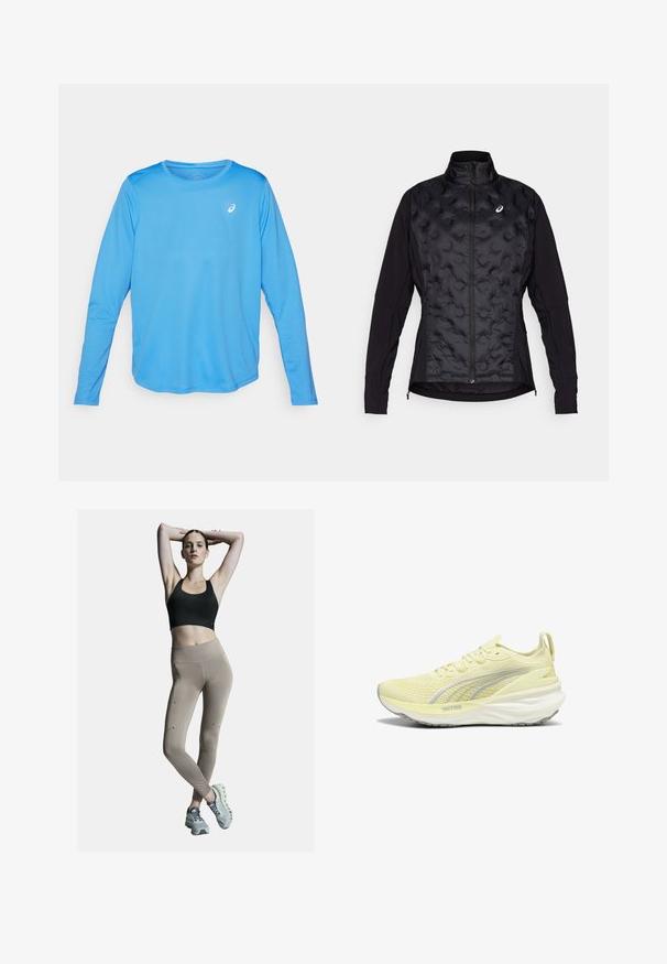 Czarna kurtka z puchowym, teksturowanym przodem i gładkimi rękawami. Posiada wysoki kołnierz i zamek błyskawiczny, zaprojektowana z myślą o ciepłe i elastyczności.; Koszulka sportowa z długim rękawem w jasnoniebieskim kolorze. Wykonana z gładkiego, lekkiego materiału, z okrągłym dekoltem i małym białym logo.; Czarny stanik sportowy i beżowe legginsy high-waisted, z bocznymi szwami i akcentami. Model nosi jasnoszare buty sportowe z amortyzowaną podeszwą.; Jasnożółty but sportowy z teksturowaną cholewką, szarymi akcentami i amortyzującą podeszwą. Posiada system sznurowania oraz uchwyt na pięcie.