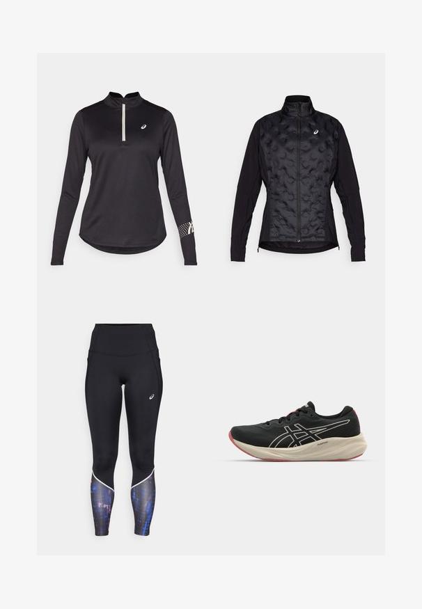 Zwarte jack met een puffy, gestructureerde voorkant en gladde mouwen. Beschikt over een hoge kraag en een ritssluiting, ontworpen voor warmte en flexibiliteit.; Zwart longsleeve sporttop met een halve ritskraag, textuurstof en een gestippeld patroon op de rechtermouw met logo-accenten.; Hoge taille zwarte leggings met een aansluitend ontwerp, voorzien van een kleurrijke patroonaccent bij de onderbenen en witte rand langs de naden.; Zwarte hardloopschoen met een bovenwerk van mesh en witte accenten. Beschikt over een gewatteerde tussenzool en rode details op de buitenzool. Lichtgewicht ontwerp.