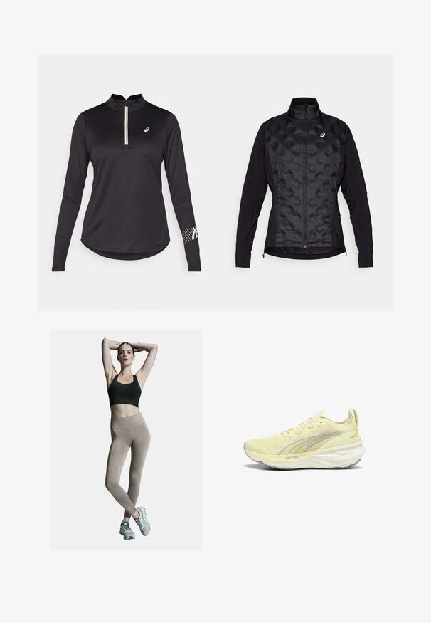 Black jacket with a puffy, textured front and smooth sleeves. Features a high collar and zip closure, designed for warmth and flexibility.; Black long-sleeve athletic top with a half-zip collar, textured fabric, and a dotted pattern on the right sleeve featuring logo accents.; Black sports bra and beige high-waisted leggings, featuring side seams and accents. Model wears light gray athletic shoes with a cushioned sole.; Light yellow athletic shoe with a textured upper, gray accents, and a cushioned sole. Features a lace-up design and a pull tab at the heel.