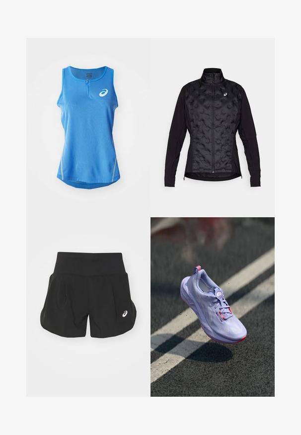 Svart jakke med en puffet, strukturert front og glatte ermer. Den har høy krage og glidelås, designet for varme og fleksibilitet.; Blå atletisk tank top med glidelås i halsen, med et strukturert mønster og reflekterende detaljer på sidene.; Sorte atletisk shorts med bred midjebånd, plisserte detaljer og en liten hvit logo på nederste venstre side. Mykt, lett materiale.; Lys lilla joggesko med teksturert overdel, rosa detaljer, en rund snølås mekanisme, og en prikkete såle, hevet over en asfaltbakgrunn.