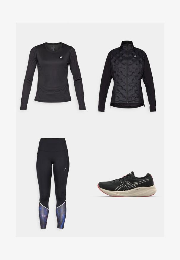 Black jacket with a puffy, textured front and smooth sleeves. Features a high collar and zip closure, designed for warmth and flexibility.; ASICS CORE TOP - Long sleeved top - performance black; High-waisted black leggings with a fitted design, featuring a colorful patterned accent at the lower legs and white trim along the seams.; Black running shoe with a mesh upper and white accents. Features a cushioned midsole and red outsole detail. Lightweight design.
