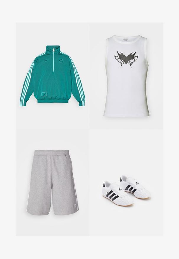 adidas Originals LIVERPOOL FC ICON HALF ZIP JACKET - Klubruházat - sea green; Fehér ujjatlan felső, pamutból készült, középen fekete törzsi szívmintával. Kerek nyakú és bordázott textúrájú.; Szürke sportnadrág, pamut keverék anyagból készült. Oldalsó zsebekkel, rugalmas derékkal és fehér oldalcsíkokkal ellátott. Klasszikus dizájn.; Fehér sportcipő fekete csíkokkal, velúrszerű textúrával, kerek orral és tépőzáras pánttal. Gumi talp a tapadásért.