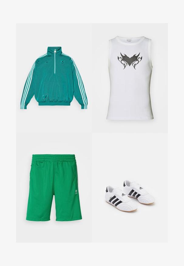 adidas Originals LIVERPOOL FC ICON HALF ZIP JACKET - Roupa de discoteca - sea green; Top branco sem mangas feito de algodão, com um design de coração tribal preto no centro. Apresenta um decote redondo e textura canelada.; Calções desportivos verdes feitos de tecido suave, com uma cintura elástica, bolsos laterais e um logo discreto na parte inferior da frente.; Ténis atléticos brancos com riscas pretas, com uma textura semelhante ao camurça, bico arredondado e uma tira de Velcro. Sola de borracha para aderência.