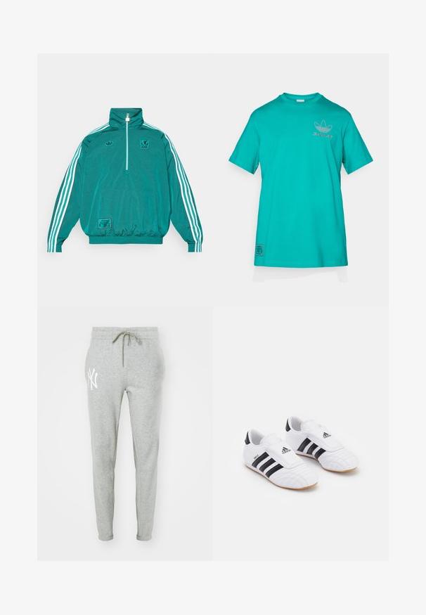 adidas Originals LIVERPOOL FC ICON HALF ZIP JACKET - Klubska moštva - sea green; adidas Originals LIVERPOOL FC ICON GRAPHIC T-SHIRT - Klubska moštva - sea green; Sive trenirke iz mehkega blaga s oprijetim krojem. Imajo elastičen pas z vrvico in belo logotipno tiskanje na levem stegnu.; Bele športne čevlje v beli barvi z črnimi črtami, ki so narejeni iz materiala podobnega usnju, imajo okroglo konico in Velcro zapenje. Guma podplat zagotavlja oprijem.