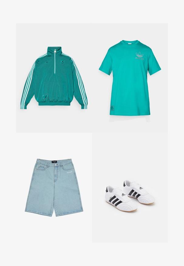 adidas Originals LIVERPOOL FC ICON HALF ZIP JACKET - Klubruházat - sea green; adidas Originals LIVERPOOL FC ICON GRAPHIC T-SHIRT - Klubruházat - sea green; Világoskék farmer sort, laza szabással, öt zsebbel, elöl gombos záródással és egy kis fehér logós szöveggel a bal lábon.; Fehér sportcipő fekete csíkokkal, velúrszerű textúrával, kerek orral és tépőzáras pánttal. Gumi talp a tapadásért.
