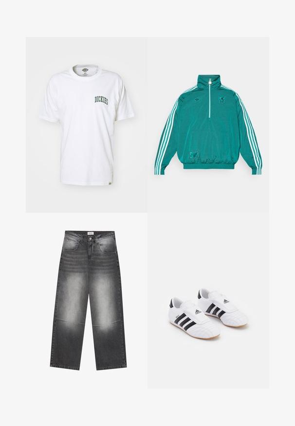 adidas Originals LIVERPOOL FC ICON HALF ZIP JACKET - Klubové oblečenie - sea green; Dickies AITKIN CHEST TEE - Tričko s potlačou - white; Široké čierne denimové džínsy s vyblednutým šedým povrchom, s prednými vreckami, zapínaním na gombík a jemným opotrebovaním na kolenách.; Biele športové topánky s čiernymi pruhmi, so semišovou štruktúrou, okrúhlou špičkou a suchým zipsom. Gumová podrážka pre trakciu.