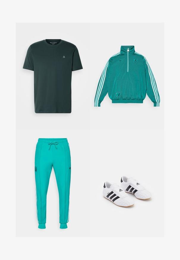 adidas Originals LIVERPOOL FC ICON HALF ZIP JACKET - Club wear - sea green; Dark green T-shirt made of soft fabric, featuring a crew neck and short sleeves. Embroidered logo on the left chest.; adidas Originals LIVERPOOL FC ICON TRACK PANT - Club wear - sea green; White athletic shoes with black stripes, featuring a suede-like texture, rounded toe, and a Velcro strap. Rubber outsole for traction.