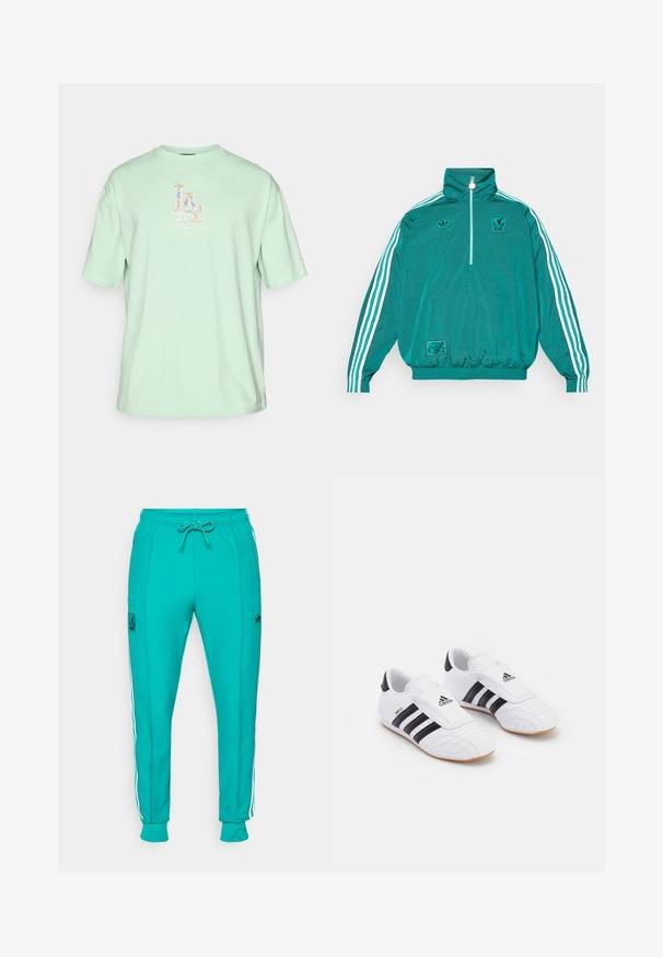 adidas Originals LIVERPOOL FC ICON HALF ZIP JACKET - Roupa de discoteca - sea green; T-shirt de algodão verde menta com decote redondo, mangas curtas e um design central com o logo "LA" multicolorido. Textura suave, corte relaxado.; adidas Originals LIVERPOOL FC ICON TRACK PANT - Roupa de discoteca - sea green; Ténis atléticos brancos com riscas pretas, com uma textura semelhante ao camurça, bico arredondado e uma tira de Velcro. Sola de borracha para aderência.