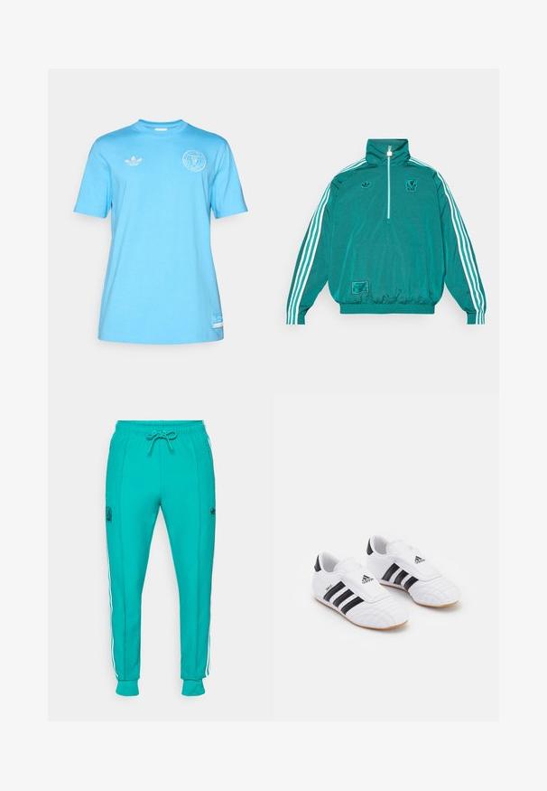 adidas Originals LIVERPOOL FC ICON HALF ZIP JACKET - Klupska odjeća - sea green; Svijetloplava pamučna majica s kratkim rukavima, okruglim izrezom, vezeni Adidas logo na lijevoj strani prsnog koša i zakrpa na dnu.; adidas Originals LIVERPOOL FC ICON TRACK PANT - Klupska odjeća - sea green; Bijele atletske cipele s crnim trakama, s vlaknima sličnim antilopu, zaobljenim prstom i Velcro trakama. Gumeni potplat za prianjanje.