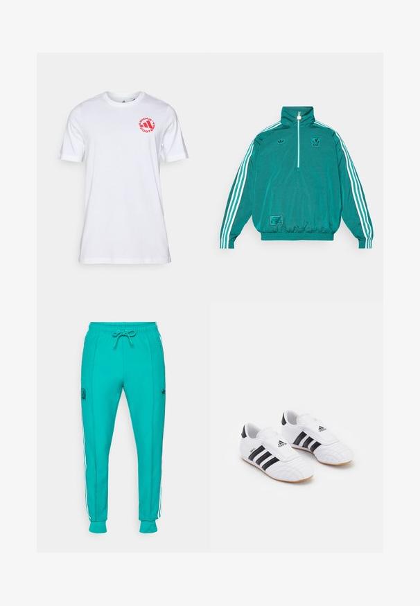 adidas Originals LIVERPOOL FC ICON HALF ZIP JACKET - Klubska moštva - sea green; Bela bomba majica iz bombaža z okroglim izrezom in kratkimi rokavi. Rdeč krožni logo z napisom "ADIDAS FOOTBALL" na prsih.; adidas Originals LIVERPOOL FC ICON TRACK PANT - Klubska moštva - sea green; Bele športne čevlje v beli barvi z črnimi črtami, ki so narejeni iz materiala podobnega usnju, imajo okroglo konico in Velcro zapenje. Guma podplat zagotavlja oprijem.